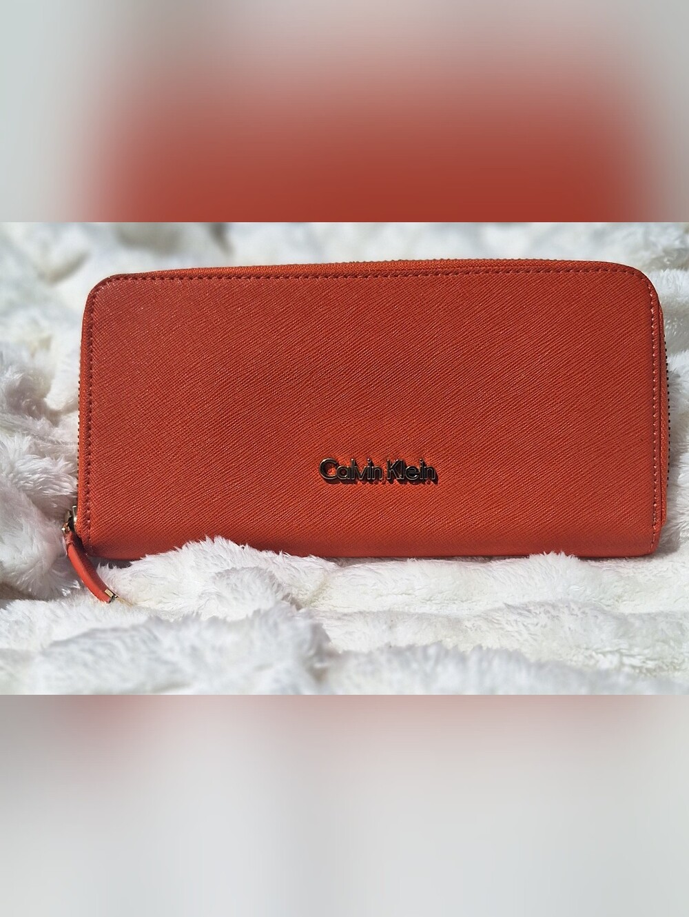 NWOT Calvin Klein Coral Orange Saffiano Zip Wallet